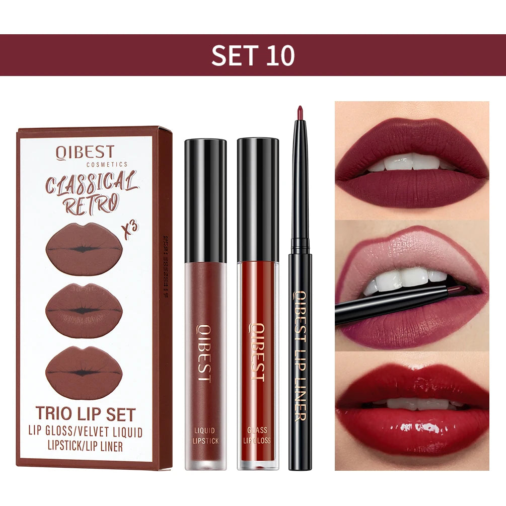 QIBEST 3pcs/set Liquid Lipstick+Lip Liner Lasting Black Brown Purple Red Matte Lip Gloss Nude Lip Stain Tint Makeup Lip Pencil