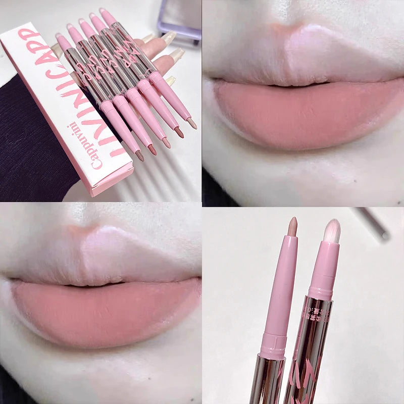 Lip Shadow Liner Pen Matte Lipstick Base Silver Tube Waterproof Lasting Lip Contouring Non-stick Cup Lipliner Pencil With Brush