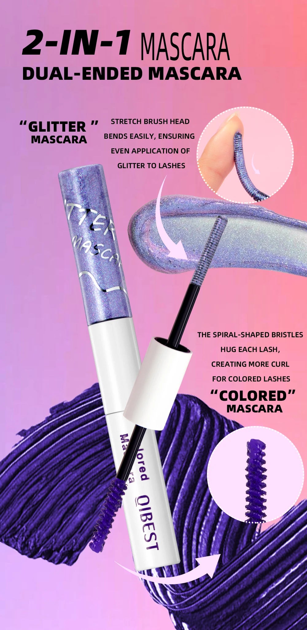 QIBEST Double Headed Diamond Glitter Mascara Long Lasting Colored Mascara Eyelashes Pink Blue Red Voluminous Waterproof Mascara