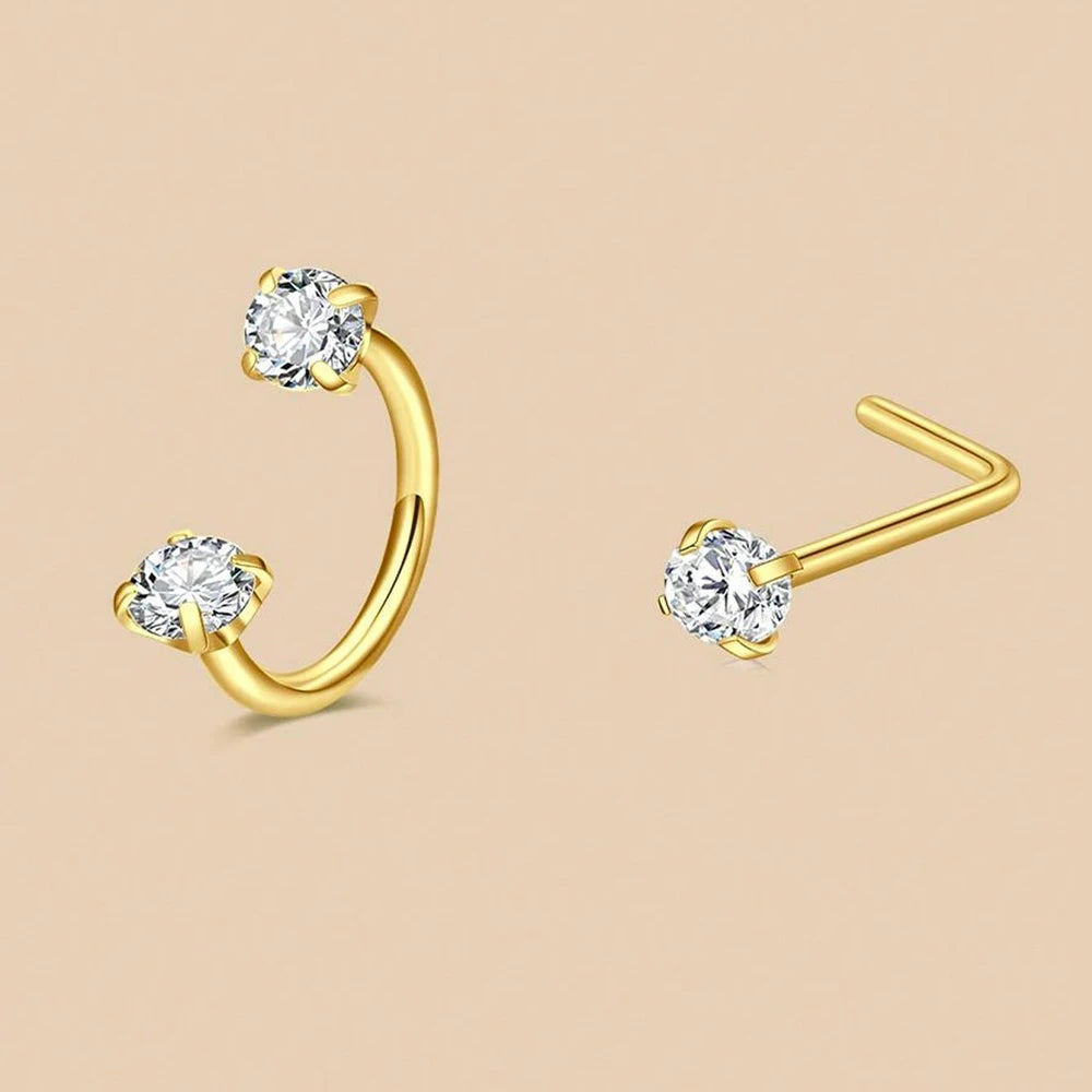 6/2pcs Horseshoe Nose Rings With L-Shape Nose Stud, Stainless Steel Rianbow CZ Nose Ring,, Lip Eyebrow Helix Ear Piercing