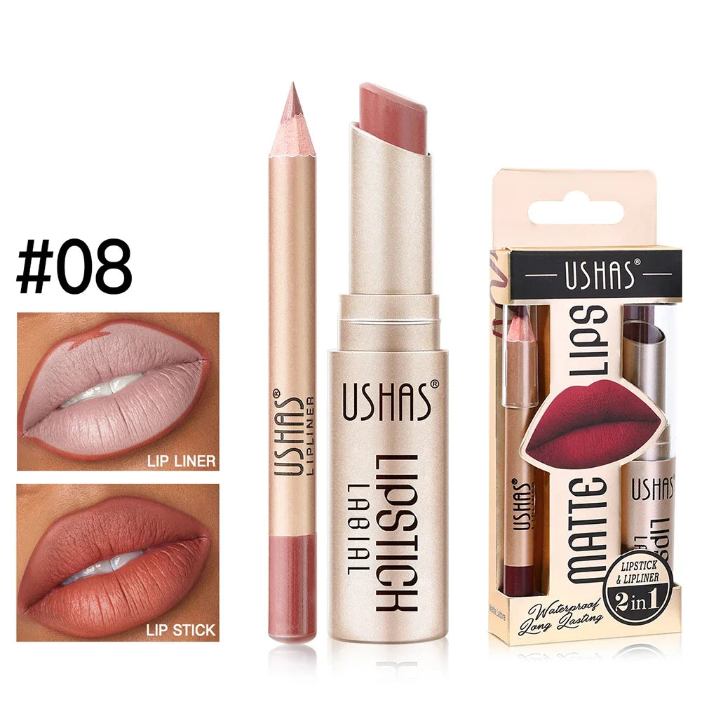 2-in-1 Lip Makeup Set, Matte Lipstick & Lip Liner Pencil, Nude Brown, Waterproof Long Lasting Tinted Lip Balm Contour Kit