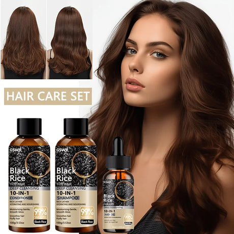 GSWP 10-in-1 Black Rice Moisturizing Shampoo Conditioner Set: Gently Cleanses, Reduces Frizz, Brightens Hair Shine. 200g + 30ml