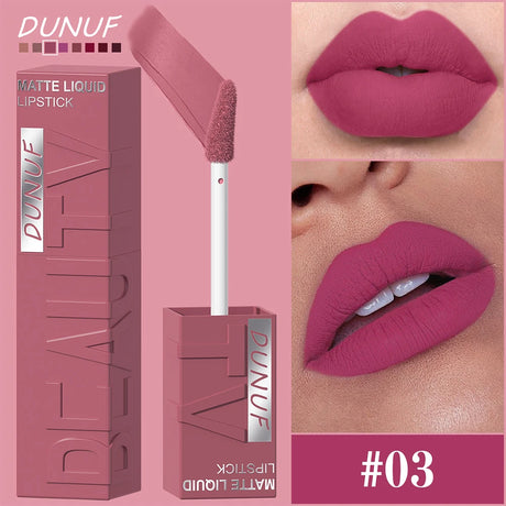 DUNUF Matte Velvet Lip Gloss, 3D Plumping & Waterproof, Square Tube Lipstick, Easy Application, 8 Shades (All-in-One)