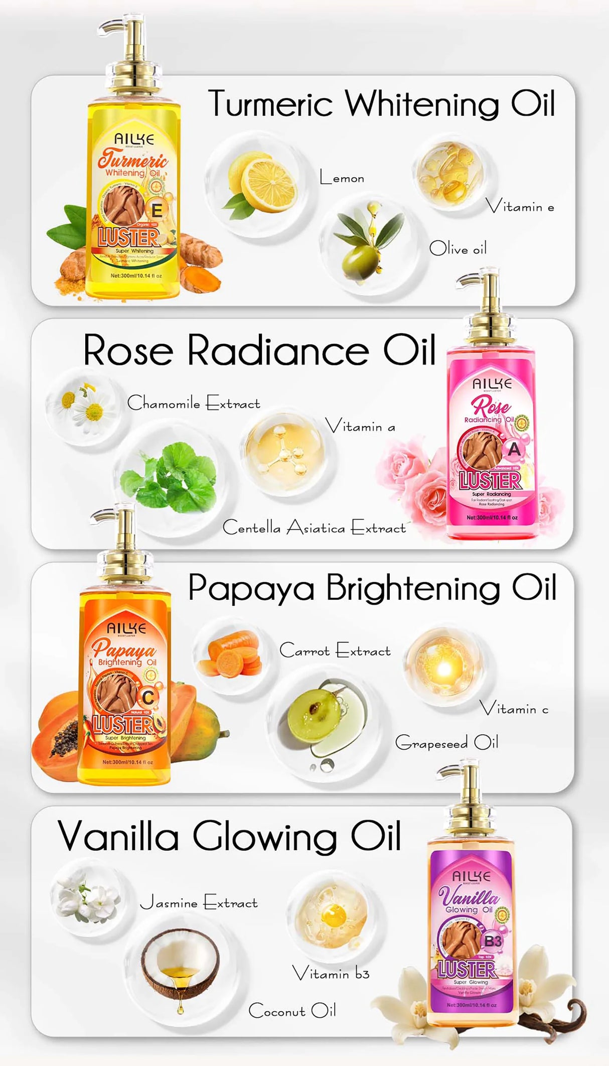 AILKE Whitening Body Oil, Moisturizing, Nourishing, Glowing, Brighten, Smooth Skin, Reduce Dark Spots, For All Skin Types, 300ml