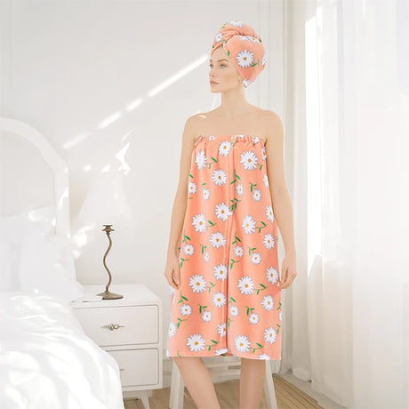 2 Pcs Combination Set Bath Skirt + Shower Cap Daisy Pastoral Style Wearable Bath Towel Skirt  Hair Wrap Flower Soft & Absorbent