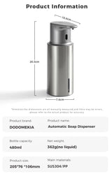 480ml Kitchen Soap Dispenser Automatic Sensor Hand Sanitizer Machine Intelligent Electric Body Wash Soap Dispenser 304 Stainl