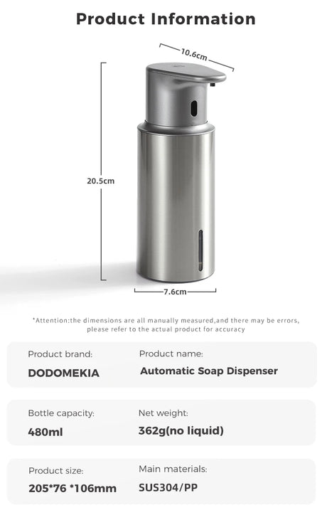 480ml Kitchen Soap Dispenser Automatic Sensor Hand Sanitizer Machine Intelligent Electric Body Wash Soap Dispenser 304 Stainl