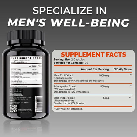 Organic Maca Root Powder Capsules 1500mg containing  Maca Root Extract,Ashwagandha,Black Pepper, Supplements for Men