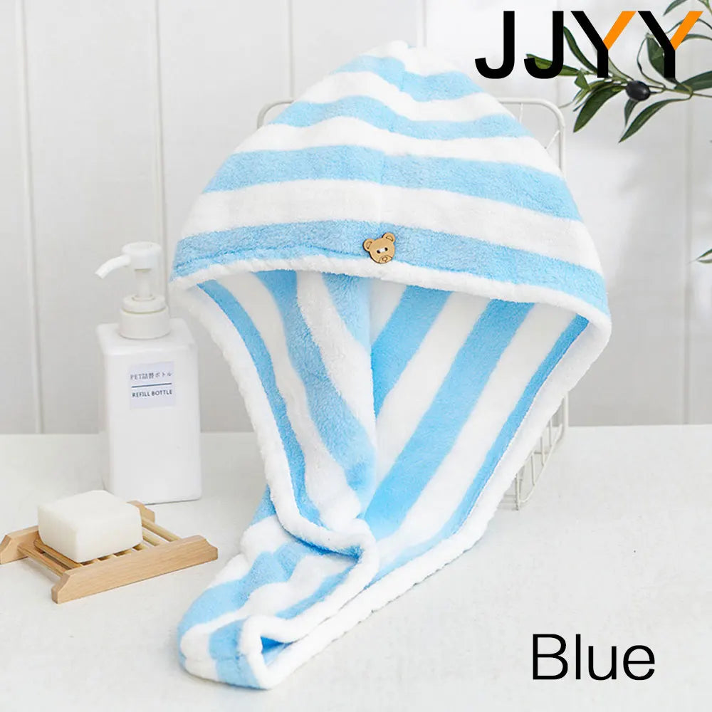 JJYY Microfiber Strong Absorbent Microfiber Dry Hair Towel Absorbent Quick Dry Striped Shower Cap  Bathroom Accessories