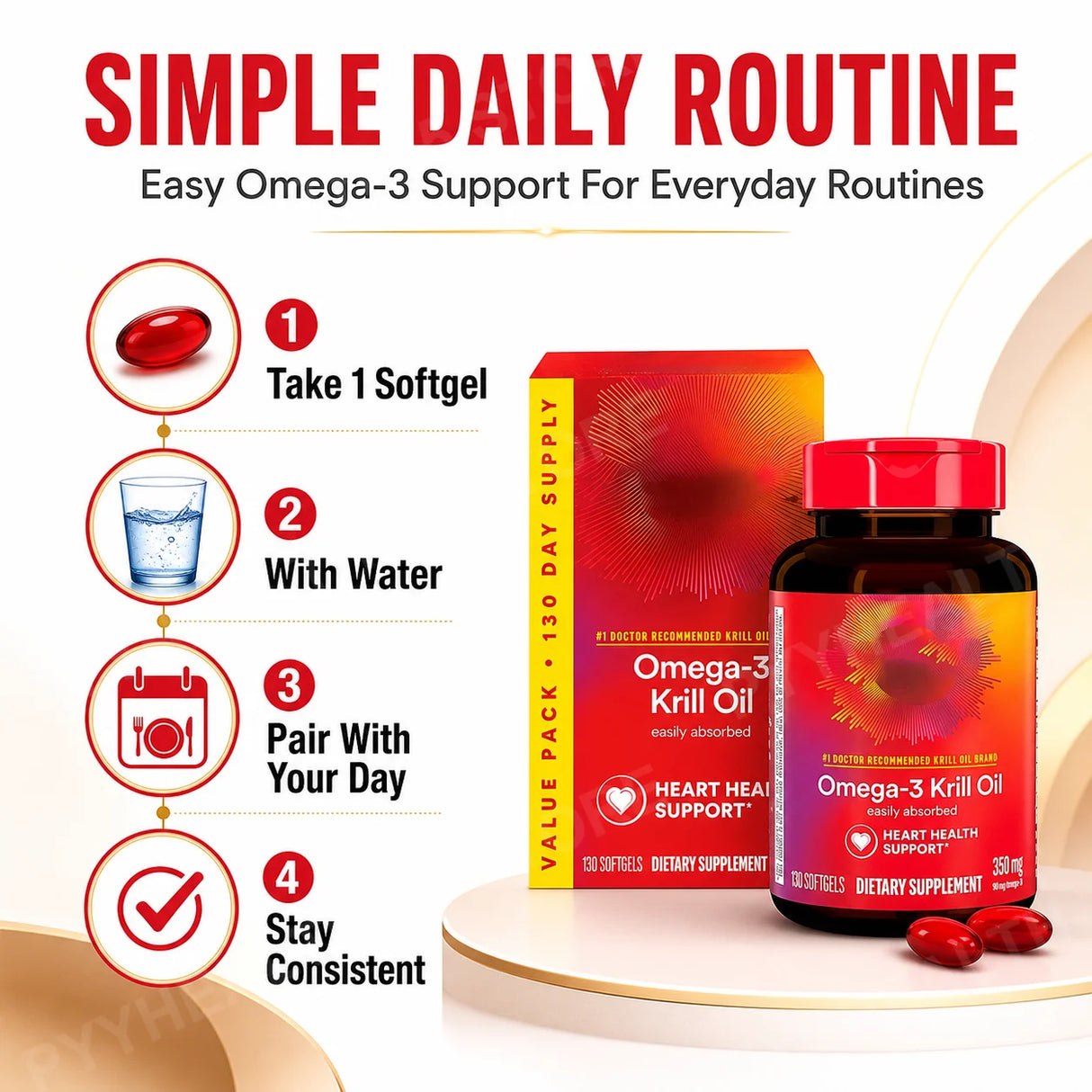 Omega-3 Krill Oil 350mg Softgels 130 Count, EPA DHA with Phospholipids & Astaxanthin, Daily Wellness Support for Men & Women