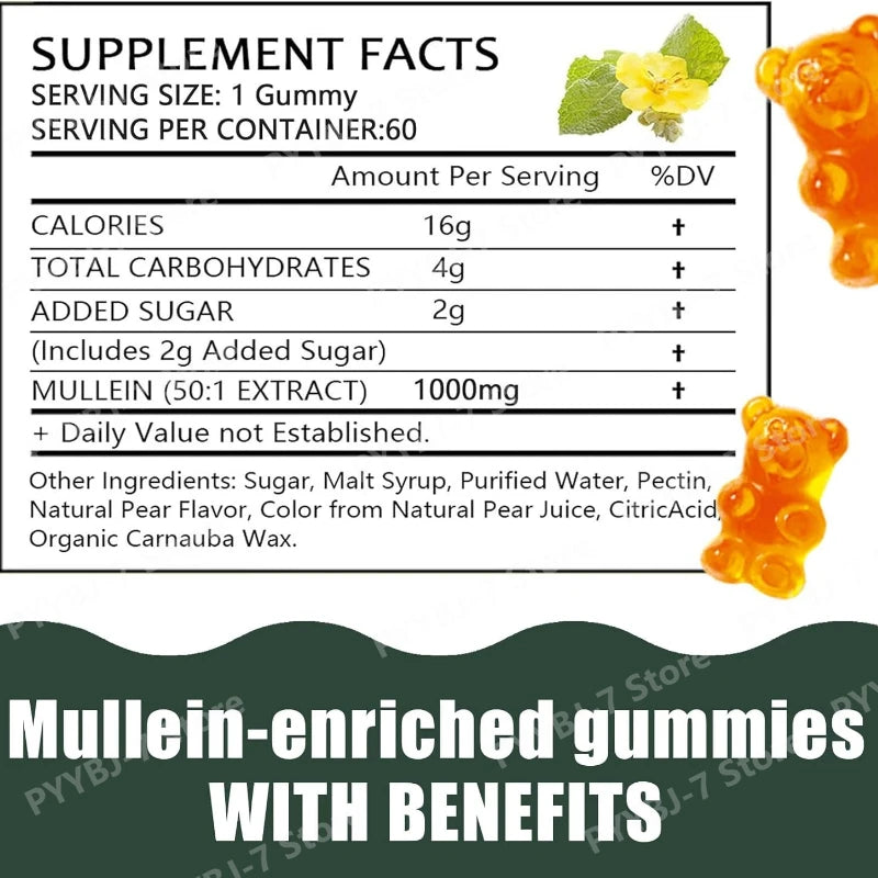 Mullein Gummies Supports Respiratory Health Pear Flavor Lung Health Sinus Relief 60 Grains Dietary Supplement