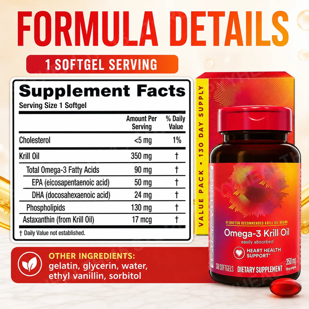 Omega-3 Krill Oil 350mg Softgels 130 Count, EPA DHA with Phospholipids & Astaxanthin, Daily Wellness Support for Men & Women