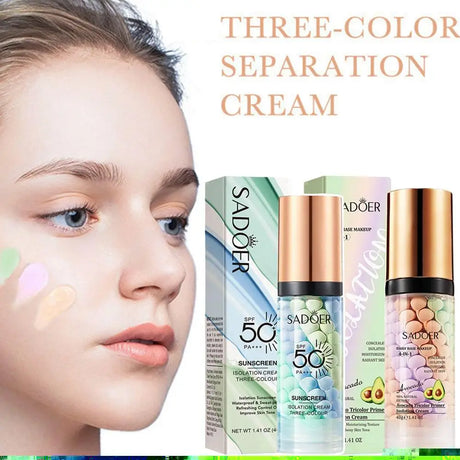 SADOER Avocado Tricolor Primer Isolation Cream SPF 50+ PA+++ 4-In-1 Daily Base Makeup Color Correcting Facial Serum Oil Control