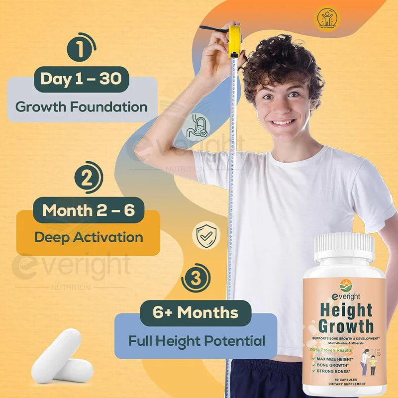 Bone Strength Supplement - for Natural Height Growth, Adult and Kids - High Absorption - Calcium, Magnesium, Zinc,Multivitamins