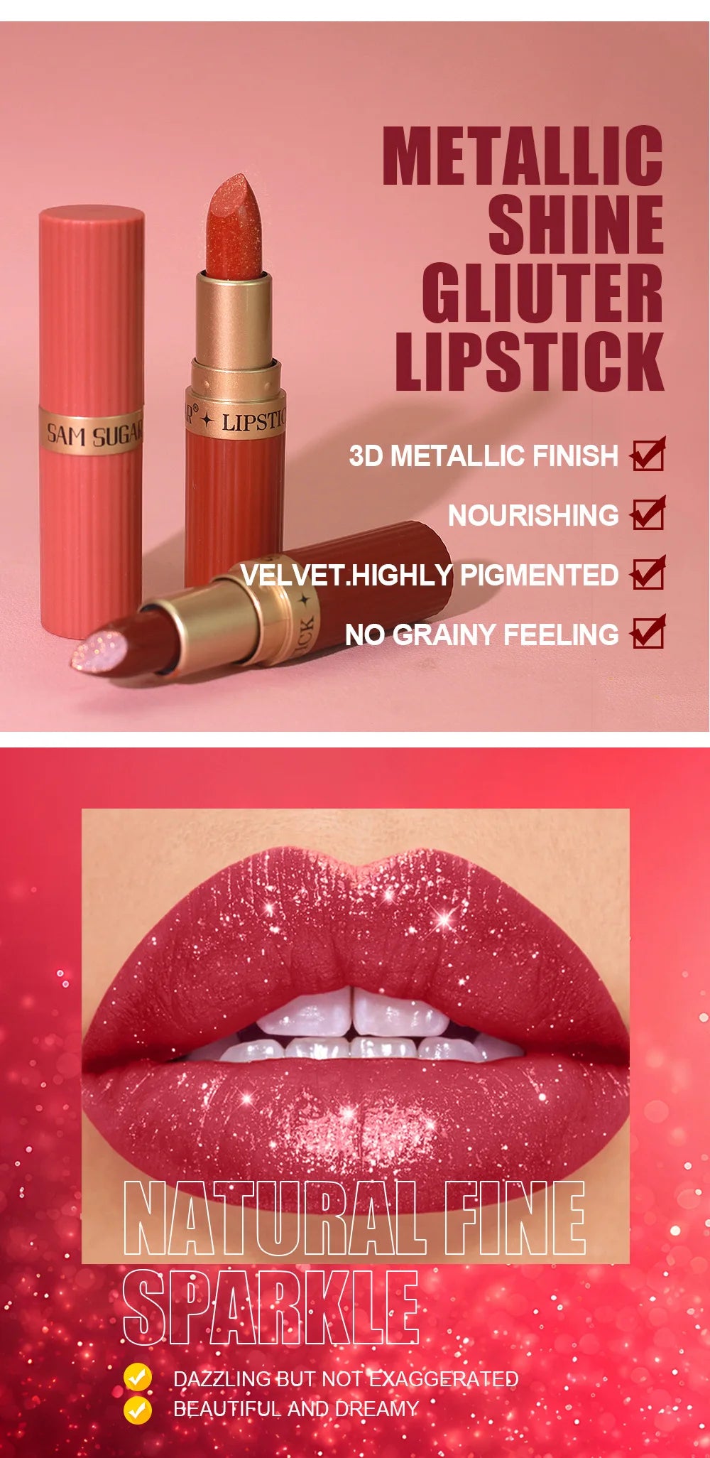6pcs Diamond Pink Lipstick Set Chocolate Brown Metallic Glitter Long Lasting Shimmer Pearl Sparkling Lip Gloss Makeup