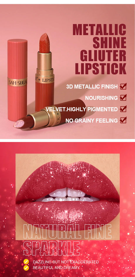 6pcs Diamond Pink Lipstick Set Chocolate Brown Metallic Glitter Long Lasting Shimmer Pearl Sparkling Lip Gloss Makeup