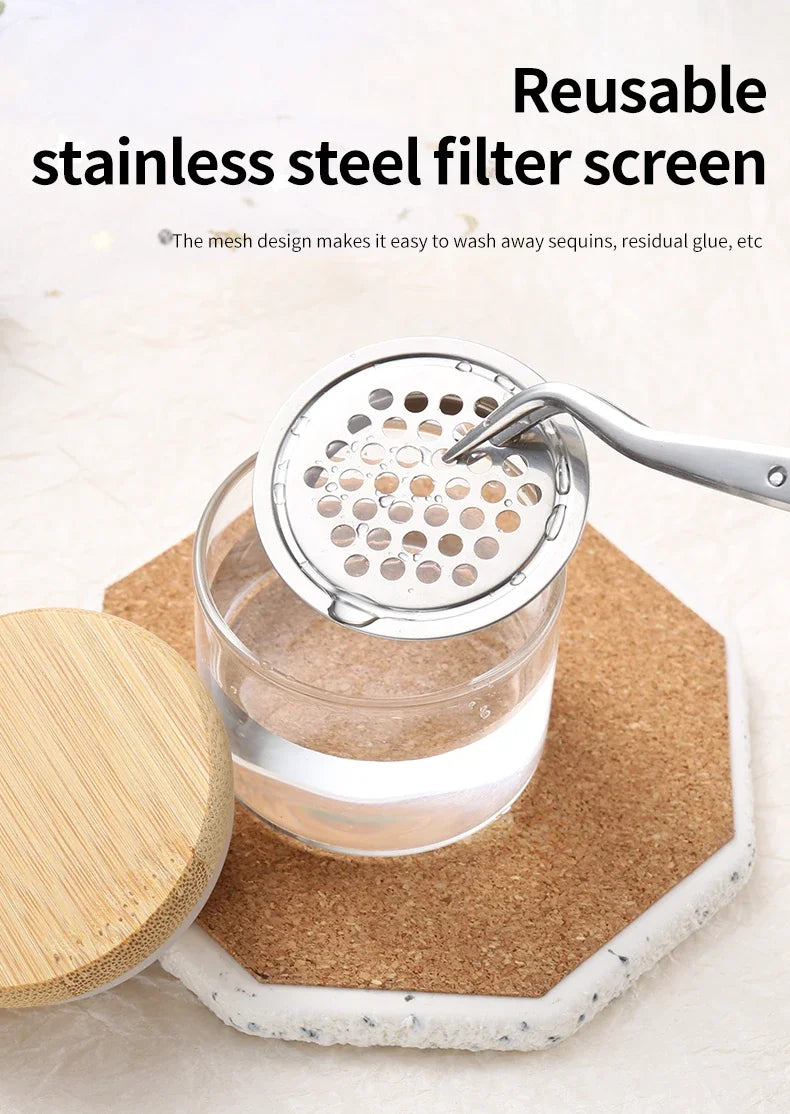 Nail Brush Cleaner Cup Wash Pen Brush Cup with Stainless Steel Mesh Base Nail Drill Bits Cleaning Container Crystal Glass Cup