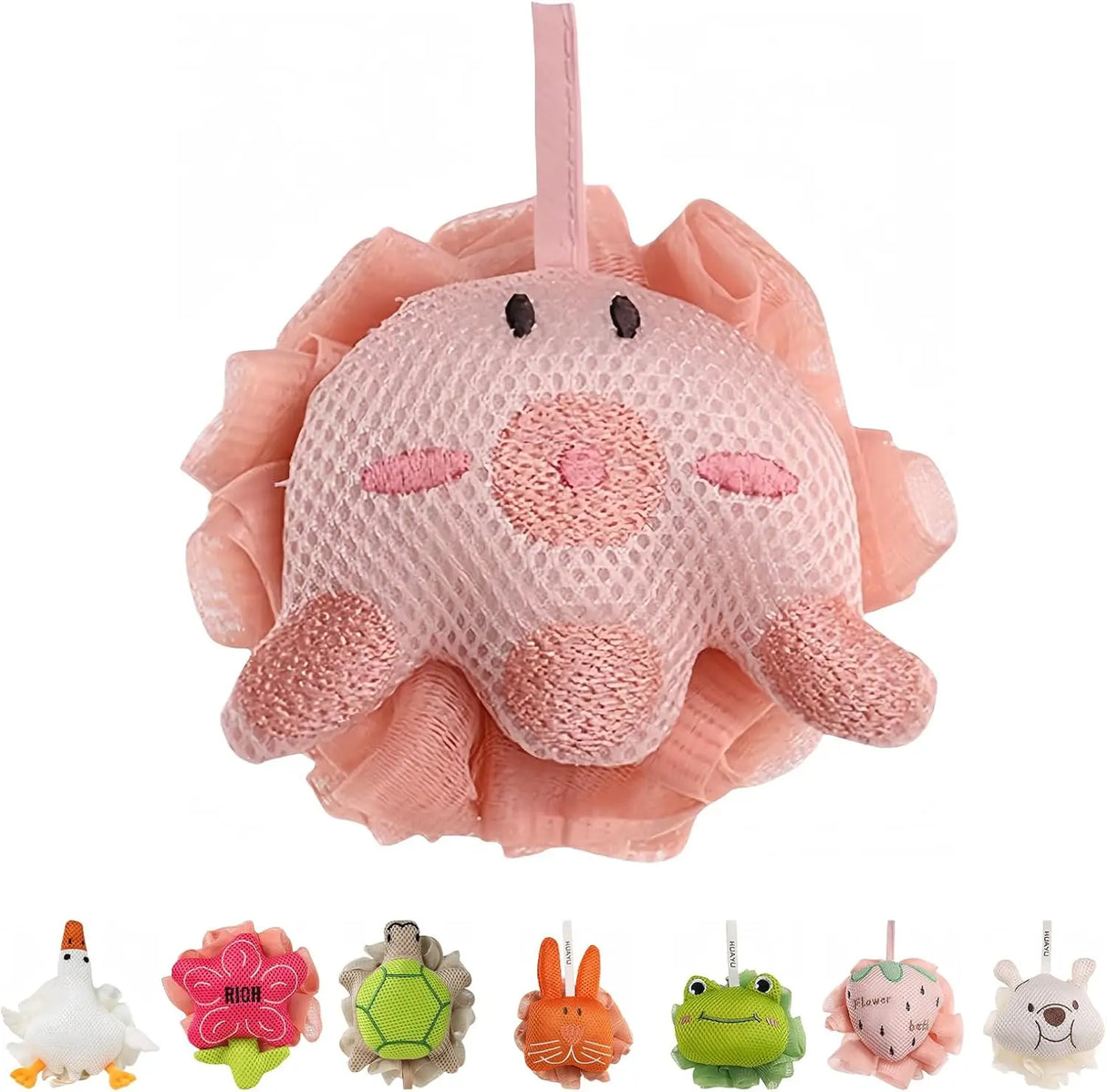 Kids Loofah, Cute Cartoon Animal Kids Bath Sponge with Hanging Rope, Soft Double Mesh for Rich Lather