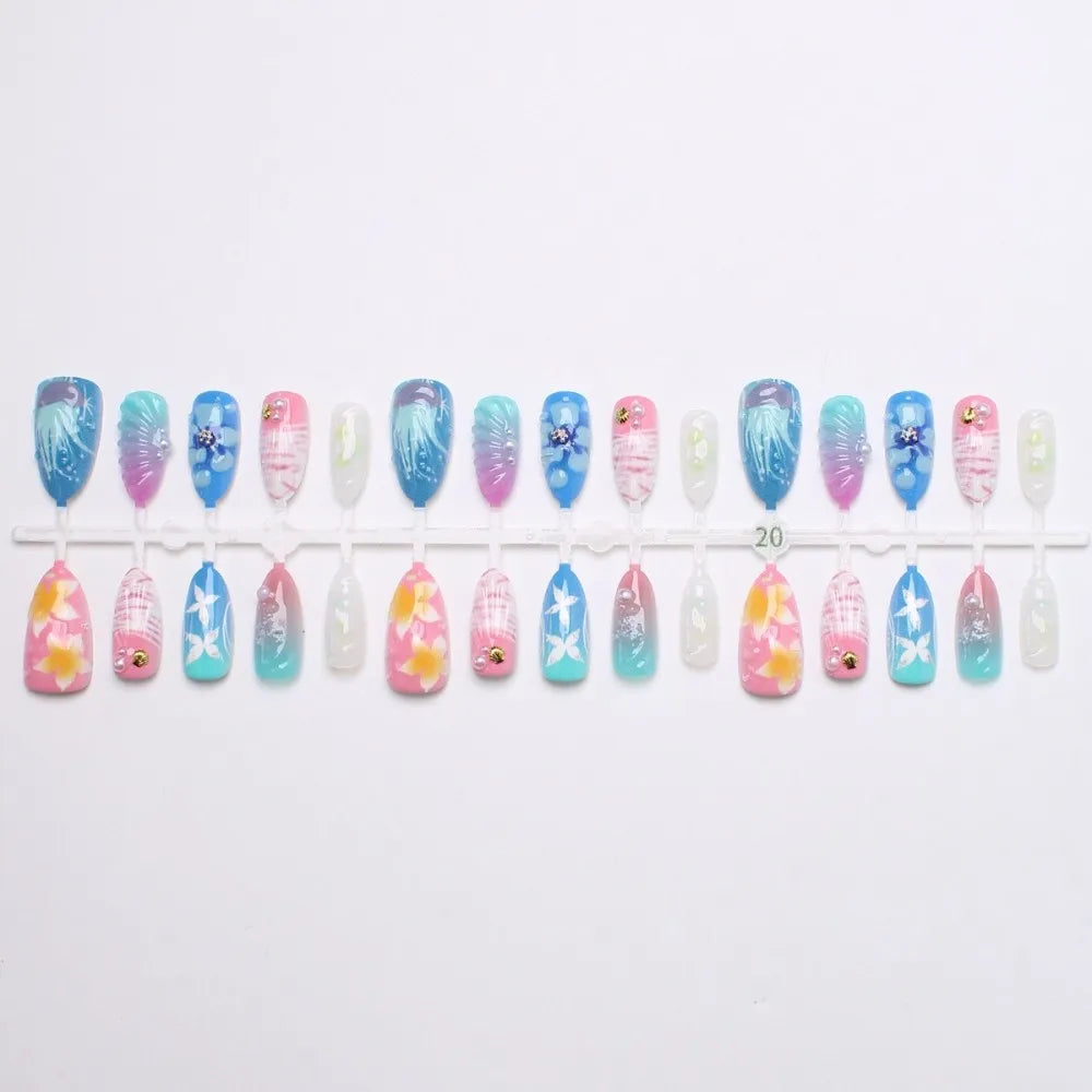24PCS Juicy Red Cherry Hand Painted Press on Nails Vivid French Border Jelly Clear Almond Shape Fake Nails Summer Vibe