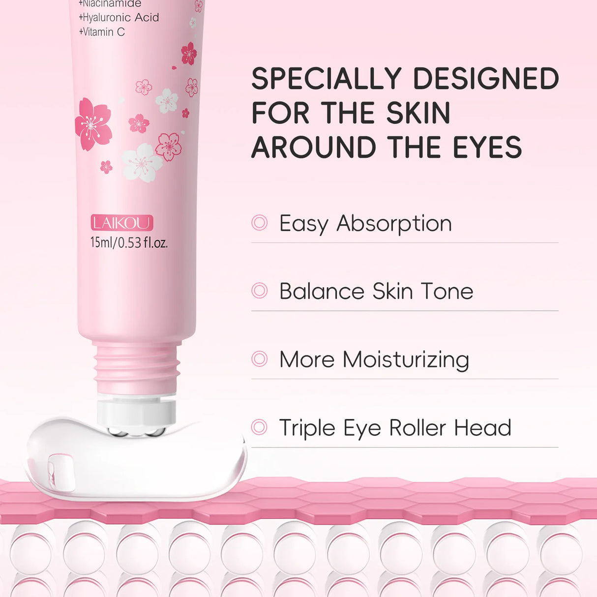 LAIKOU Sakura Roller Eye Serum 15ml Moisturizing Eye Care Reduce Dark Circles Puffiness Fine Lines Anti Aging Brightening Eye