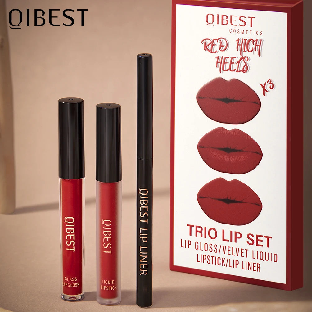 QIBEST 3pcs/set Liquid Lipstick+Lip Liner Lasting Black Brown Purple Red Matte Lip Gloss Nude Lip Stain Tint Makeup Lip Pencil