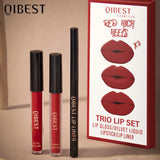 QIBEST 3pcs/set Liquid Lipstick+Lip Liner Lasting Black Brown Purple Red Matte Lip Gloss Nude Lip Stain Tint Makeup Lip Pencil