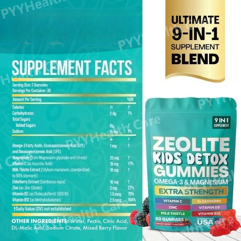 Zeolite Gummies 9-in-1 with Zeolite Omega-3 Magnesium Elderberry Vitamin C Milk Thistle Vitamin D3 Zinc B12 60 Gummies