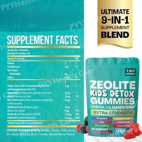 Zeolite Gummies 9-in-1 with Zeolite Omega-3 Magnesium Elderberry Vitamin C Milk Thistle Vitamin D3 Zinc B12 60 Gummies