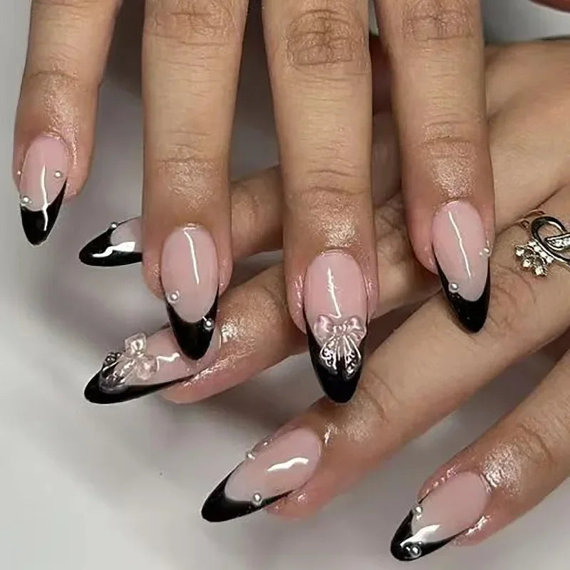 24Pcs Almond Blush Press On Nails Sweet Heart Diamond Cute Bow European American Style Self Adhesive Reusable False Nails For Women Girls Daily Party Manicure Supply