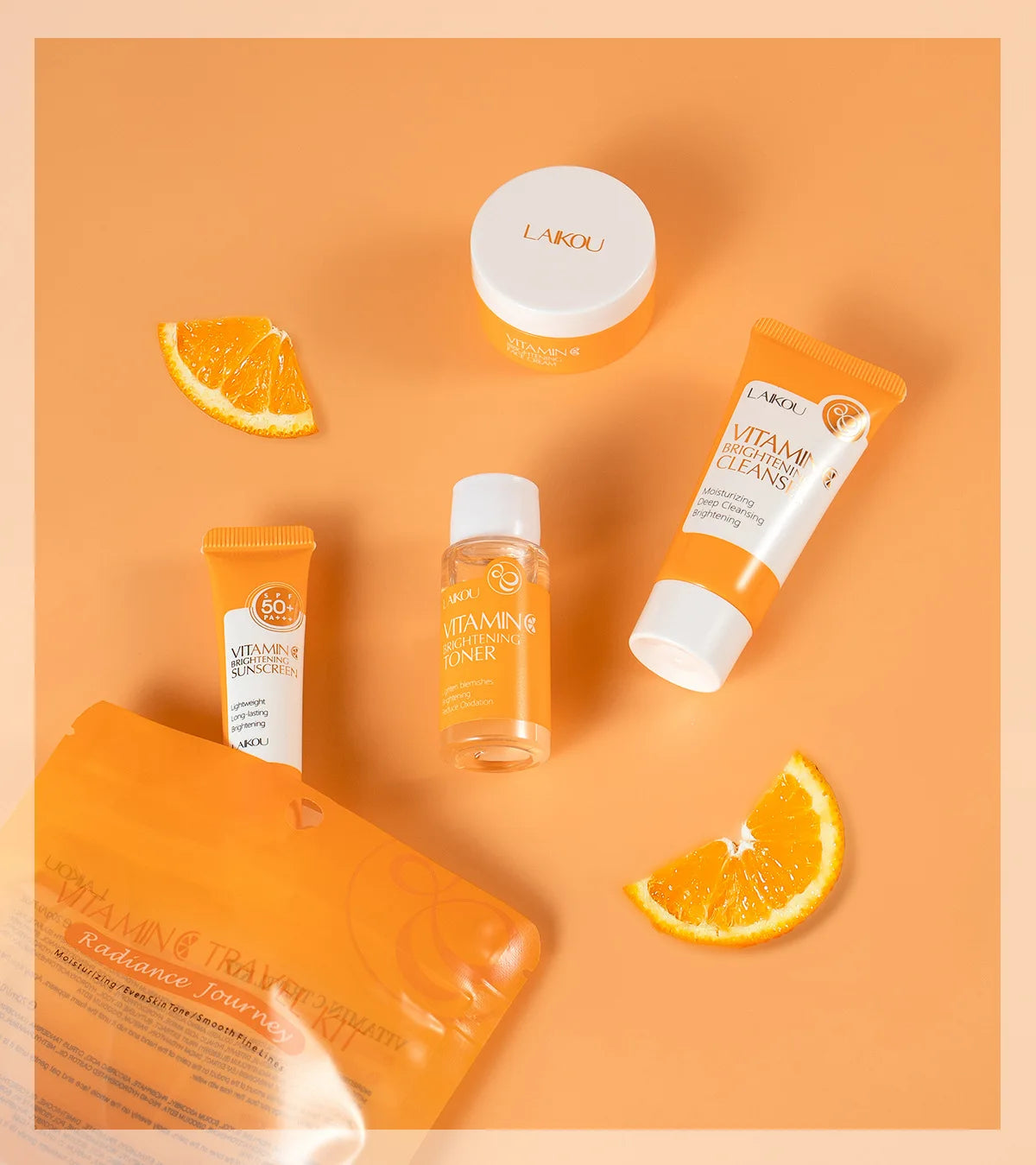 4pcs Vitamin C Skin Care Sets Face Cream Facial Cleanser Essence Spf 50+ VC Sunscreen Moisturizing Refresh Face Care Travel Suit