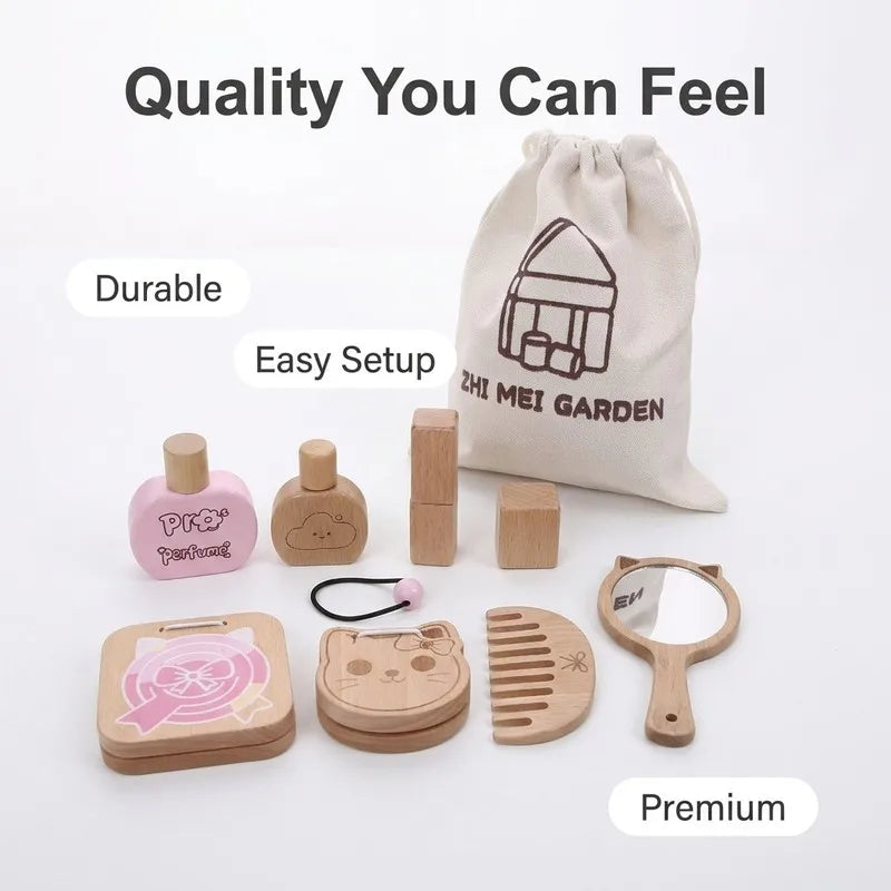 Kids' Pretend Makeup Toy Wooden Role‑play Dress‑up Vanity Gift Makeup Bag Set for Girls