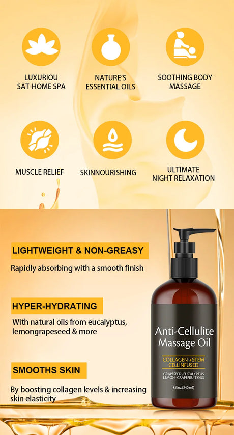 240ml Anti Cellulite Massage Oil Infused with Collagen and Stem Cell Skin Tightening Cellulite Moisturizing Body Essential Oil