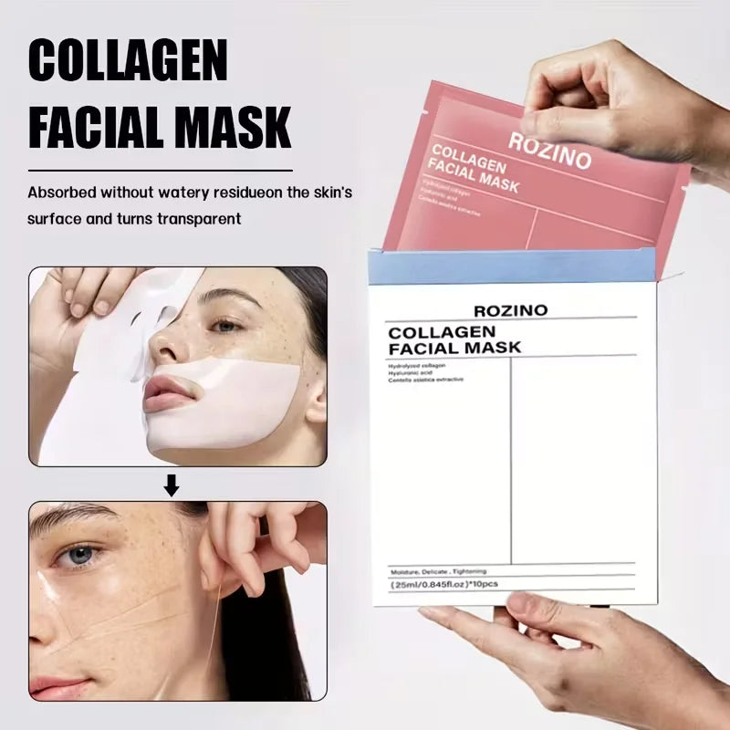 ROZINO 10-Pcs Bio-Collagen Mask Set - Intense Hydration for Dewy, Smooth & Glowing Skin! Alcohol-Free & Gently Lemon Scented, The Perfect Hypoallergenic Care & Holiday Glow for All Skin Types!(25Ml/ 0.845Fl.Oz)*10pcs