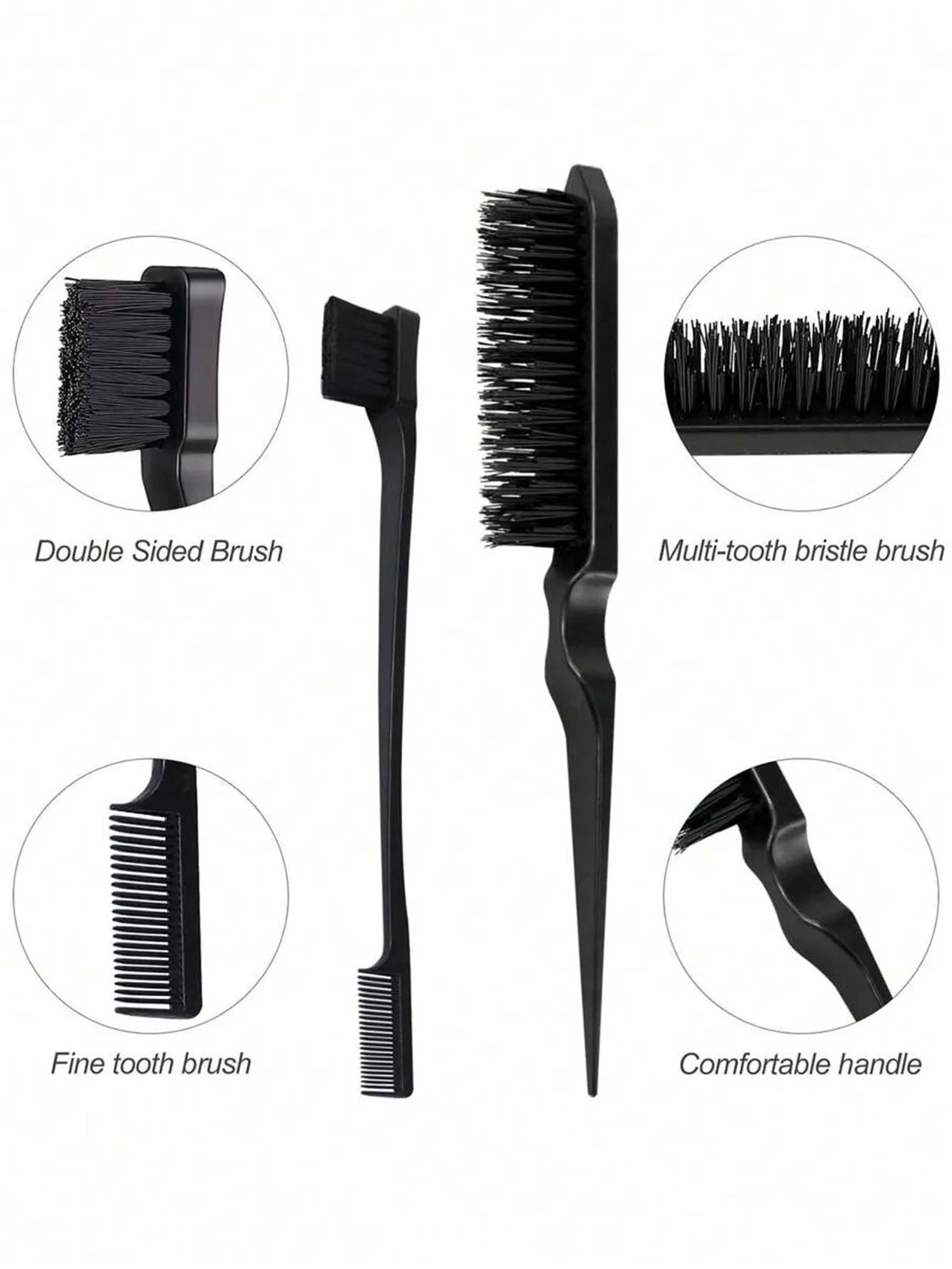 New Three-piece Hair Brush Set Sharp-tail Comb Three-row Hair Comb Steel Needle Mouse Tail Comb Toothbrush Eyebrow Brush Tool