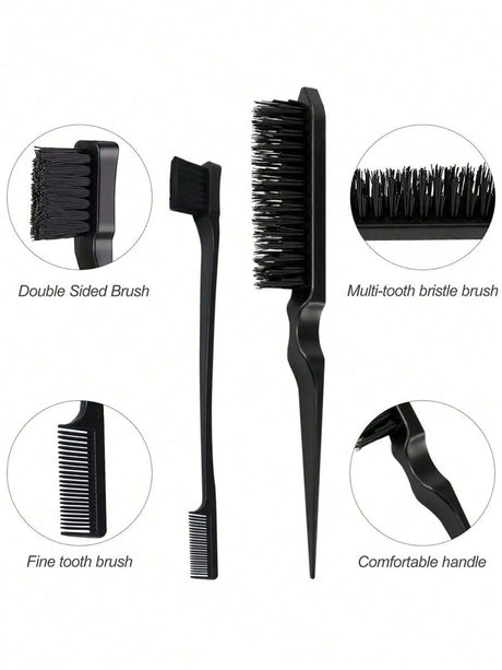 New Three-piece Hair Brush Set Sharp-tail Comb Three-row Hair Comb Steel Needle Mouse Tail Comb Toothbrush Eyebrow Brush Tool