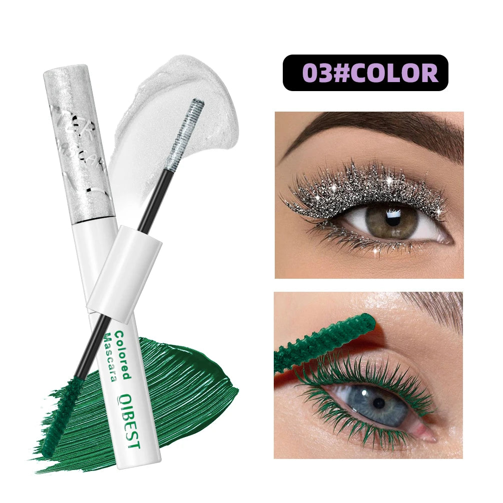 QIBEST Double Headed Diamond Glitter Mascara Long Lasting Colored Mascara Eyelashes Pink Blue Red Voluminous Waterproof Mascara