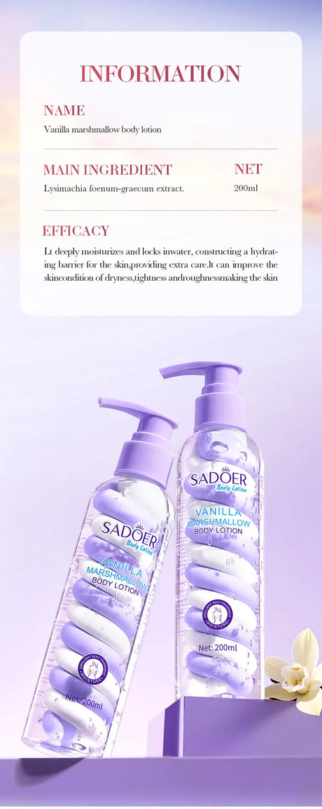 Vanilla Marshmallow Body Lotion Smooths and Refines Skin, Improves Dryness, Tightness, and Roughness, and Moisturizes the Skin.