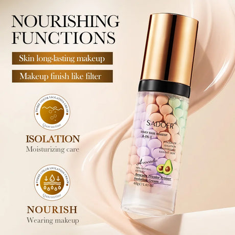 SADOER Avocado Tricolor Primer Isolation Cream SPF 50+ PA+++ 4-In-1 Daily Base Makeup Color Correcting Facial Serum Oil Control