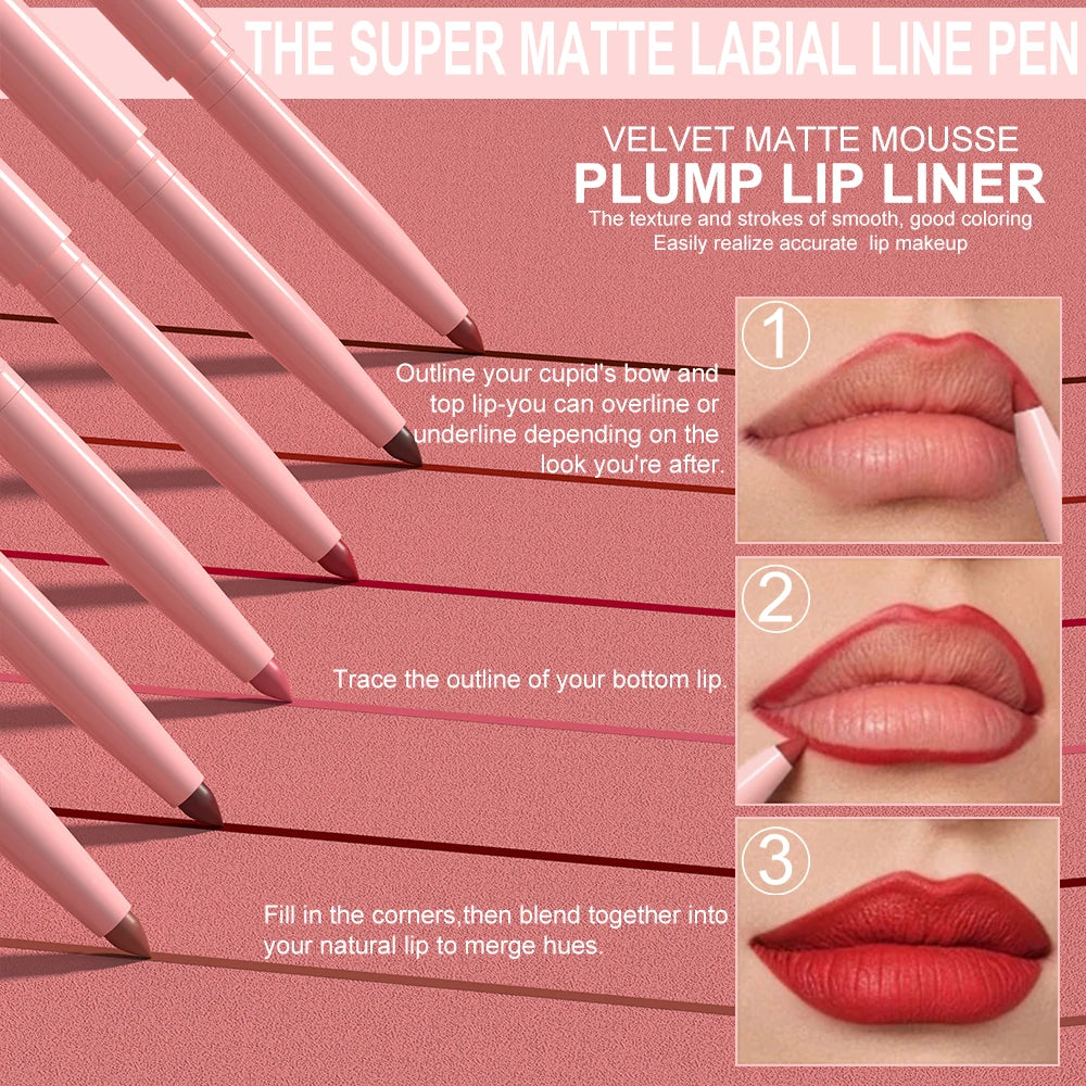 6pcs Lip Liner Pen Set Long-Lasting, Waterproof Sweatproof, Easy Coloring Non-fading Color Rendering Lip Gloss Set Beauty Makeup