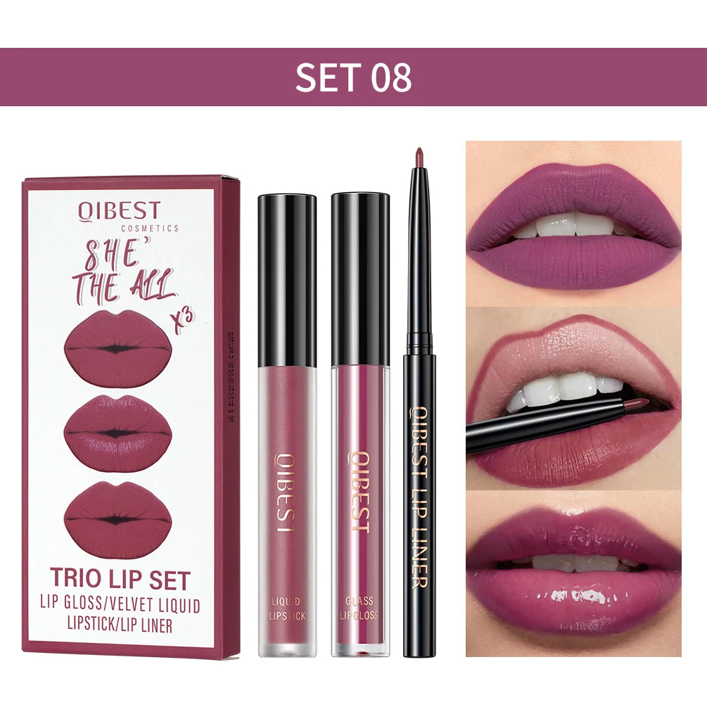 QIBEST 3pcs/set Liquid Lipstick+Lip Liner Lasting Black Brown Purple Red Matte Lip Gloss Nude Lip Stain Tint Makeup Lip Pencil