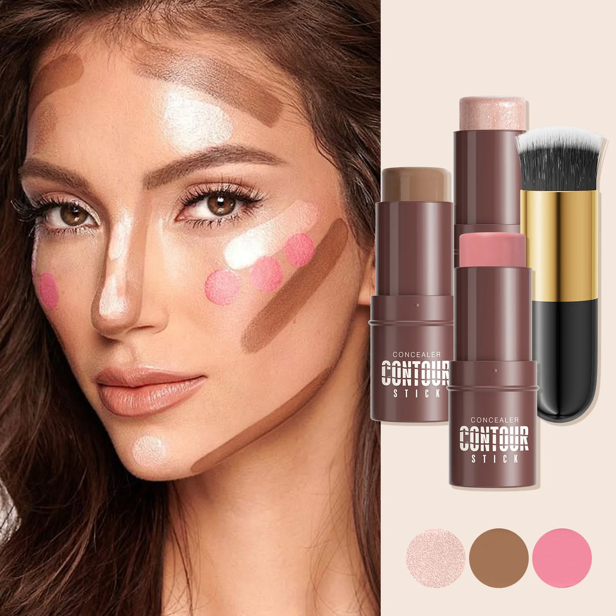 4-Piece Contour Stick Set with Highlighter, Blush & Bronzer Plus Golden Powder Brush - Waterproof Cream for All Tones, Shimmery.