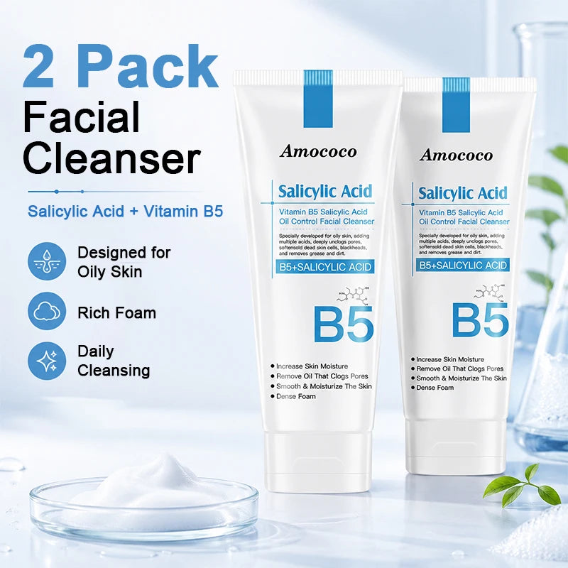 Amococo 2Pcs B5 Salicylic Acid Face Wash 100ml Oil Control Cleanser Deep Pore Foaming Wash for Oily Acne Prone Skin